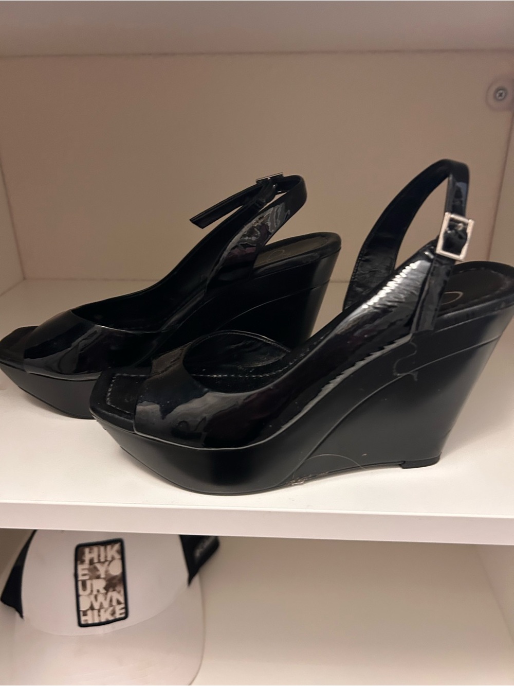 Jessica Simpson Black Patent Peep-Toe Wedge Sandals